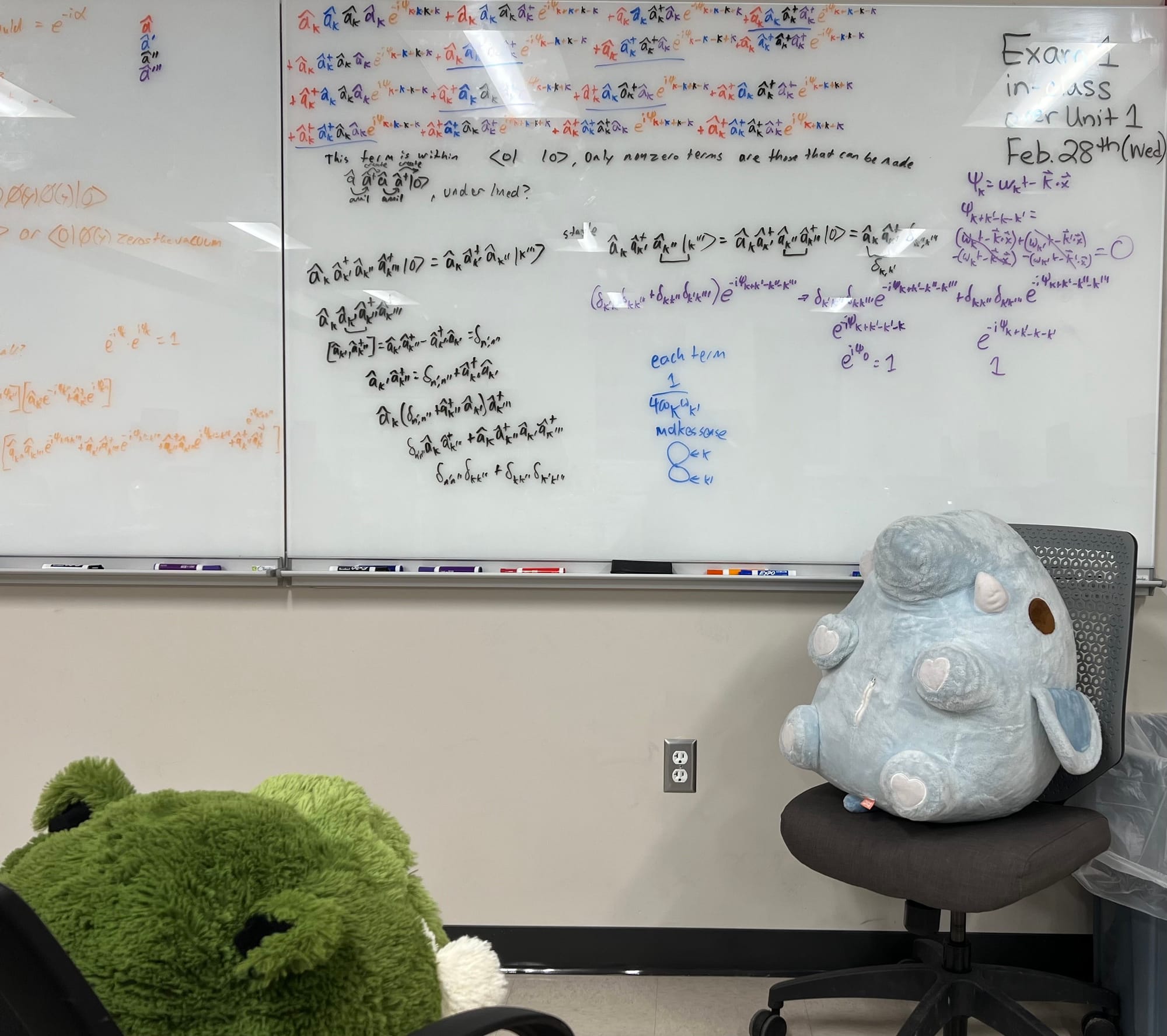 An elephant sits on a chair on the right facing the camera. Cthulhu sits on the left, facing away from camera. The board behind the elephant is covered in physics equations.